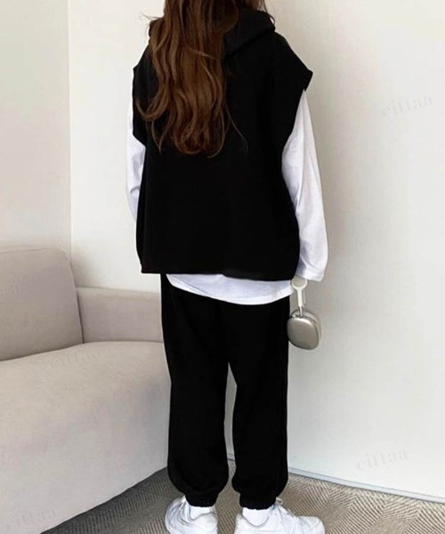 Dalfwin（ダールフィン）の「韓国ファッションGOODLUCKレイヤード3点上下セットアップルームウェアパーカー フーディー（ルームウェア/パジャマ・レディース・グレー/ブラック・FREE）」の12枚目の写真