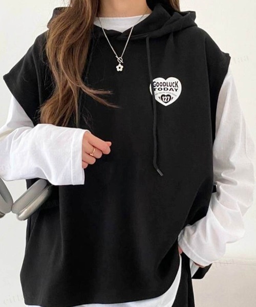 Dalfwin（ダールフィン）の「韓国ファッションGOODLUCKレイヤード3点上下セットアップルームウェアパーカー フーディー（ルームウェア/パジャマ・レディース・グレー/ブラック・FREE）」の18枚目の写真