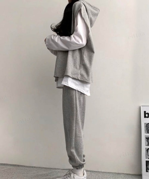 Dalfwin（ダールフィン）の「韓国ファッションGOODLUCKレイヤード3点上下セットアップルームウェアパーカー フーディー（ルームウェア/パジャマ・レディース・グレー/ブラック・FREE）」の13枚目の写真