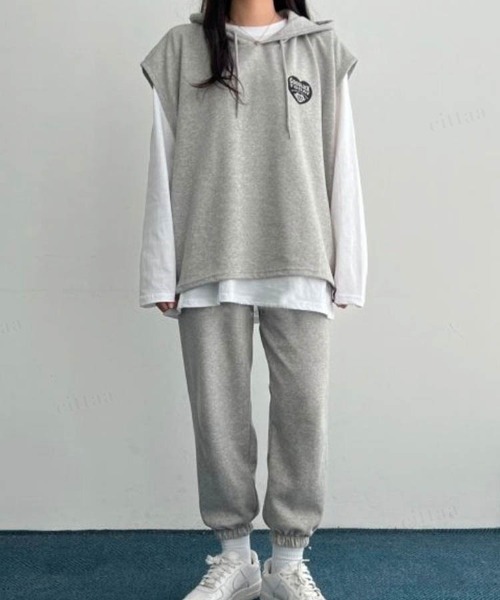 Dalfwin（ダールフィン）の「韓国ファッションGOODLUCKレイヤード3点上下セットアップルームウェアパーカー フーディー（ルームウェア/パジャマ・レディース・グレー/ブラック・FREE）」の20枚目の写真