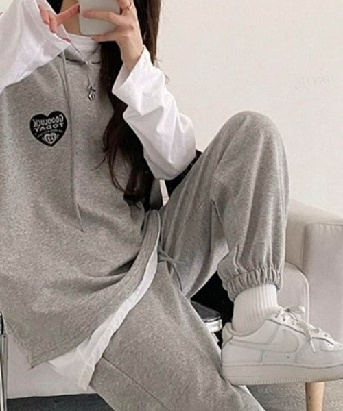 Dalfwin（ダールフィン）の「韓国ファッションGOODLUCKレイヤード3点上下セットアップルームウェアパーカー フーディー（ルームウェア/パジャマ・レディース・グレー/ブラック・FREE）」の4枚目の写真