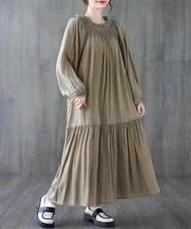 2WAYフリルネック　マキシ丈ティアードワンピース