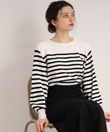 DRESKIP | ぽわん袖のボタンデザインが大人かわいい【洗える】ボーダーニット(ニット/セーター)