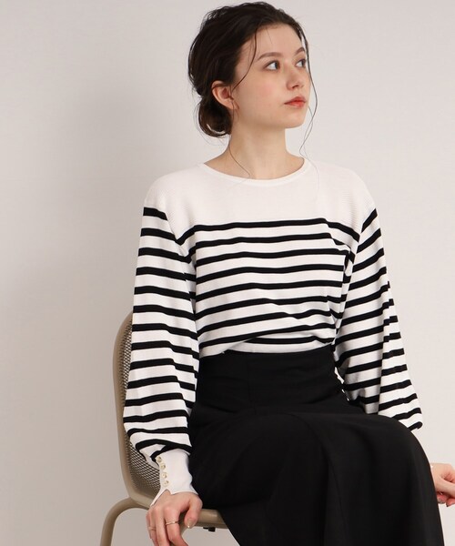 DRESKIP（ドレスキップ）の「◆【洗える】ぽわん袖のボタンデザインが大人かわいい！ボーダーニット（ニット/セーター・レディース・ベージュ系その他/ブラック系/オレンジ系その他2・02/03）」の2枚目の写真