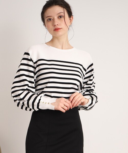 DRESKIP（ドレスキップ）の「◆【洗える】ぽわん袖のボタンデザインが大人かわいい！ボーダーニット（ニット/セーター・レディース・ベージュ系その他/ブラック系/オレンジ系その他2・02/03）」の5枚目の写真