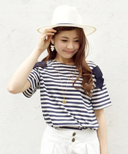 mystic（ミスティック）の「肩リボン半袖プルオーバー（Tシャツ/カットソー・レディース・グレー/ネイビー/ブラック/オフホワイト・ﾌﾘ-）」の4枚目の写真