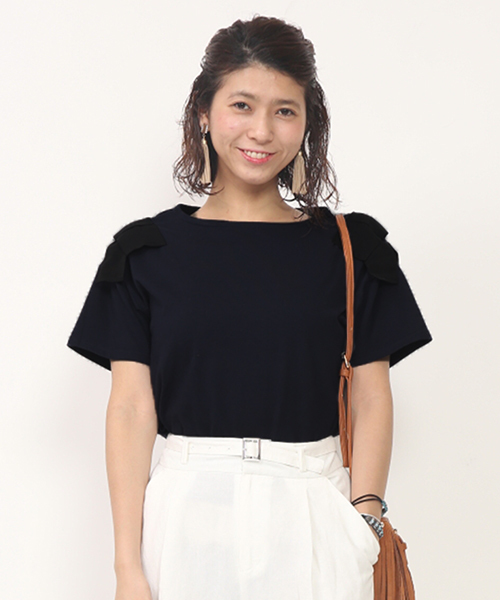 mystic（ミスティック）の「肩リボン半袖プルオーバー（Tシャツ/カットソー・レディース・グレー/ネイビー/ブラック/オフホワイト・ﾌﾘ-）」の3枚目の写真