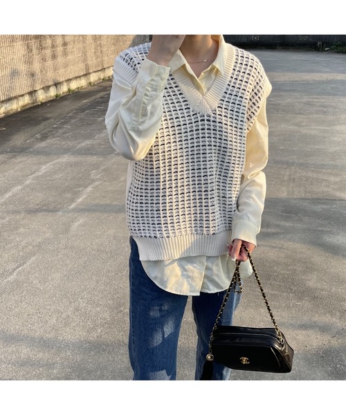 OWLLIDA apartment.(オルリダアパートメント)の「メッシュチェックベスト(ベスト・レディース・ホワイト・FREE)」の3枚目の写真
