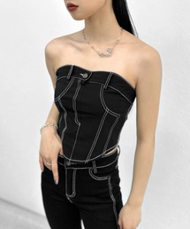 【LVEU.】ステッチベアビスチェ / トップス カットソー ベアトップ ビスチェ ステッチ ストレッチ レイヤード セットアップ ブラック