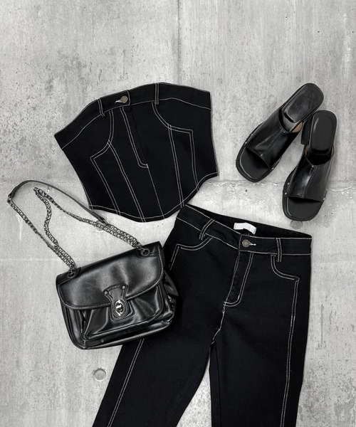 LVEU.(ラブユ.)の「【LVEU.】ステッチベアビスチェ / トップス カットソー ベアトップ ビスチェ ステッチ ストレッチ レイヤード セットアップ ブラック(チューブトップ・レディース・ブラック・FREE)」の2枚目の写真