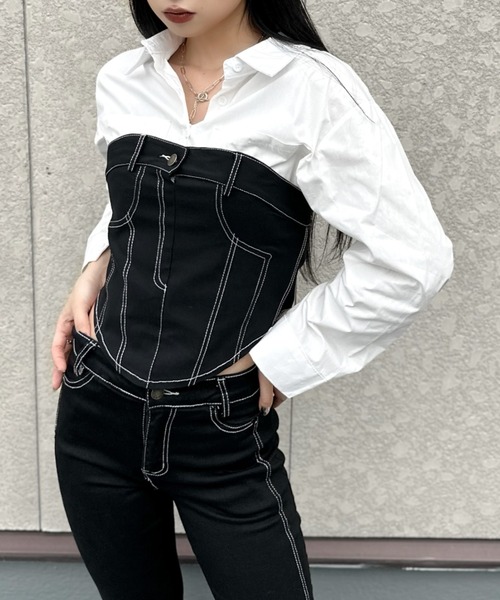 LVEU.(ラブユ.)の「【LVEU.】ステッチベアビスチェ / トップス カットソー ベアトップ ビスチェ ステッチ ストレッチ レイヤード セットアップ ブラック(チューブトップ・レディース・ブラック・FREE)」の6枚目の写真