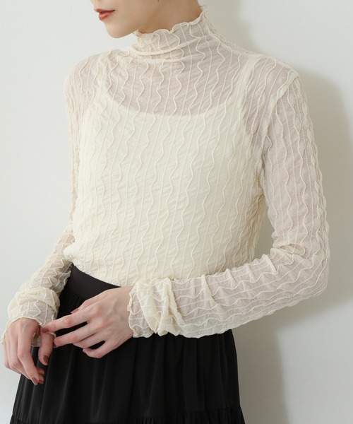 N.（N. Natural Beauty Basic）（エヌエヌナチュラルビューティーベーシック）の「◆シアーウェーブカットソー（Tシャツ/カットソー・レディース・ブラック/オフホワイト/ライトグリーン・MEDIUM）」の4枚目の写真