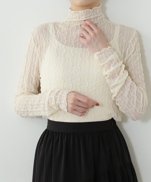 N.（N. Natural Beauty Basic）（エヌエヌナチュラルビューティーベーシック）の「◆シアーウェーブカットソー（Tシャツ/カットソー・レディース・ブラック/オフホワイト/ライトグリーン・MEDIUM）」の6枚目の写真