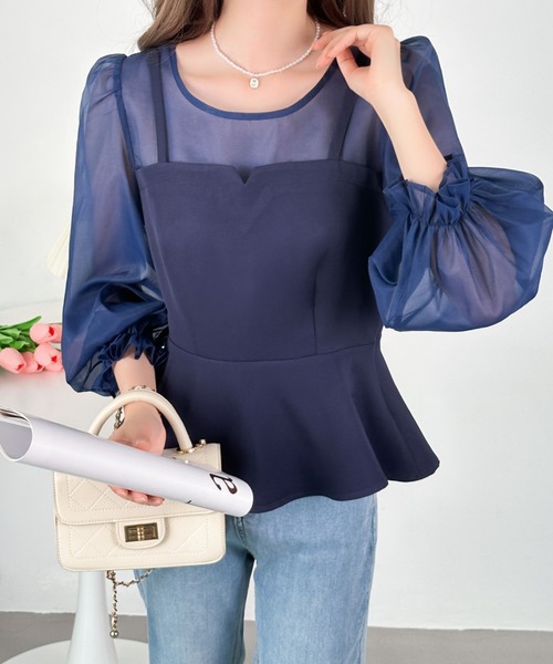 ECLIN（エクラン）の「レイヤード風ペプラム切替ブラウス（シャツ/ブラウス・レディース・ブラック/ネイビー/グレー/ベージュ・S/M）」の5枚目の写真