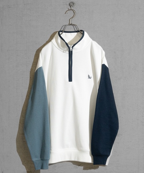 GLOVE HOUSE（グローブハウス）の「【a】TC裏毛ワンポイント刺繍 パイピング配色 ハーフジップ（スウェット・メンズ・ホワイト/アッシュグレー/ブルー/マルチ/ネイビー・X-LARGE/MEDIUM/LARGE）」の5枚目の写真