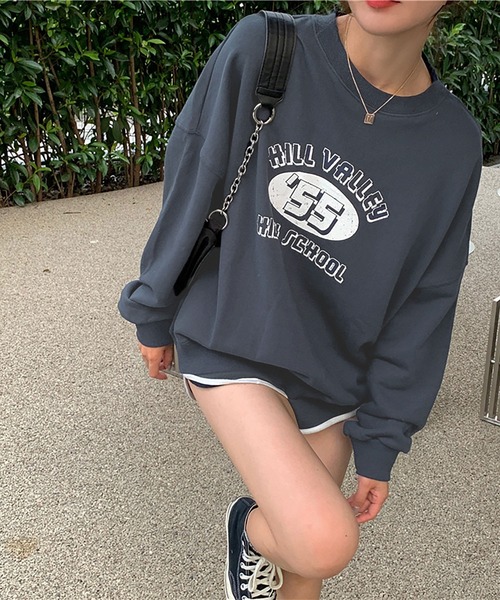 NinaetLina(ニナエリナ)の「裏毛 HILL VALLEY HIGH SCHOOL 英字ロゴトレーナー(スウェット・レディース・グレー/ベージュ/ネイビー/グリーン・FREE)」の4枚目の写真