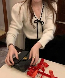 リボンニットカーディガン ステッチリボンニットカーディガン