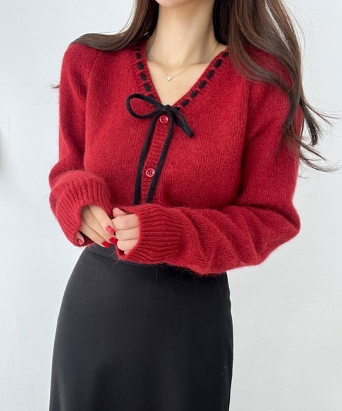 セール】リボンニットカーディガン ステッチリボンニットカーディガン