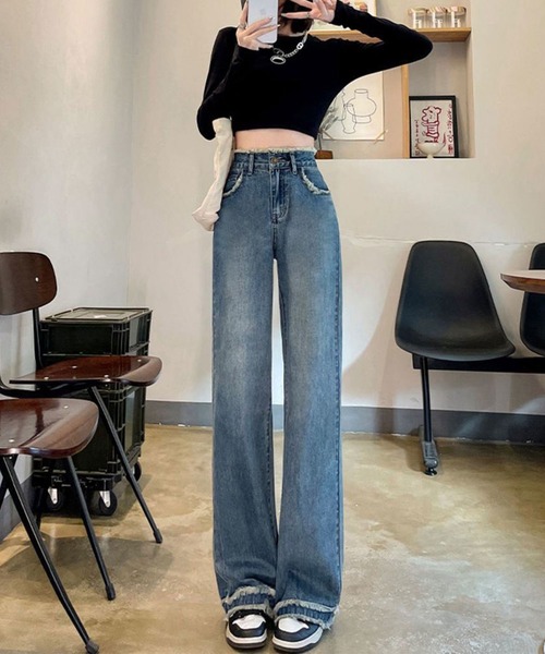 SHEPP(シープ)の「フリンジ デニムパンツ(デニムパンツ・レディース・ホワイト/ブルー/サックスブルー/ダークグレー・S/M/L)」の10枚目の写真