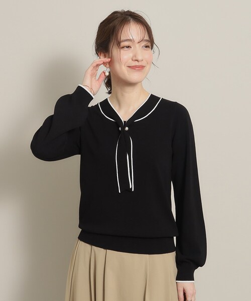 ITS'DEMO（イッツデモ）の「◆【大人かわいい／オフィスに／肌触り柔らか】配色ボウタイニット（ニット/セーター・レディース・グリーン系/ピンク/オフホワイト/ブラック・00）」の3枚目の写真