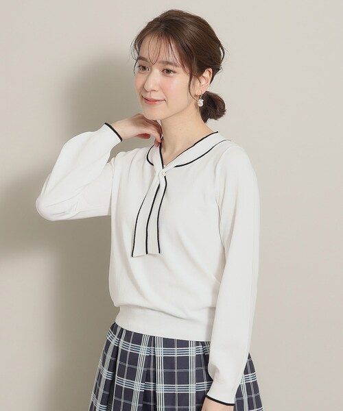 ITS'DEMO（イッツデモ）の「◆【大人かわいい／オフィスに／肌触り柔らか】配色ボウタイニット（ニット/セーター・レディース・グリーン系/ピンク/オフホワイト/ブラック・00）」の5枚目の写真