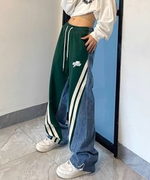 FUNALIVE | デニムジャージ切替え2本サイドラインスソドローコードシャーリングパンツ(デニムパンツ)