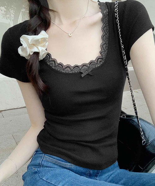 frunco（フランコ）の「レース付きリブトップス（Tシャツ/カットソー・レディース・ピンク/ブルー/ブラック/ホワイト・MEDIUM）」の3枚目の写真