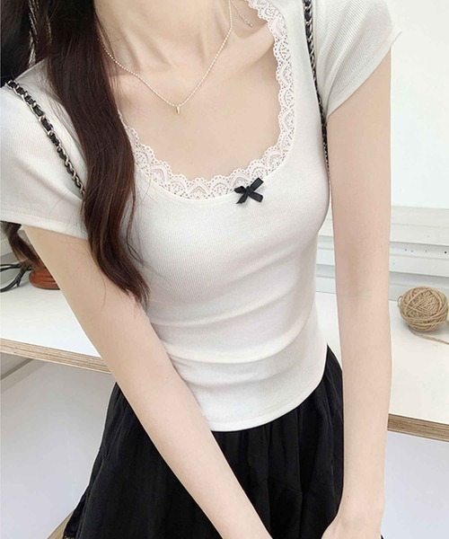 frunco（フランコ）の「レース付きリブトップス（Tシャツ/カットソー・レディース・ピンク/ブルー/ブラック/ホワイト・MEDIUM）」の8枚目の写真