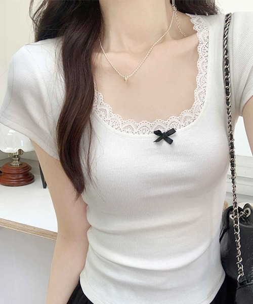 frunco（フランコ）の「レース付きリブトップス（Tシャツ/カットソー・レディース・ピンク/ブルー/ブラック/ホワイト・MEDIUM）」の9枚目の写真