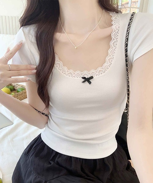 frunco（フランコ）の「レース付きリブトップス（Tシャツ/カットソー・レディース・ピンク/ブルー/ブラック/ホワイト・MEDIUM）」の13枚目の写真