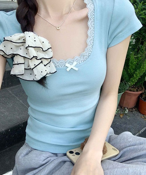 frunco（フランコ）の「レース付きリブトップス（Tシャツ/カットソー・レディース・ピンク/ブルー/ブラック/ホワイト・MEDIUM）」の21枚目の写真