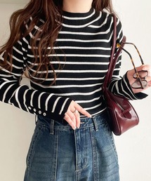 classicalelf | 色違いで欲しくなっちゃう定番item。袖ボタンハイネックリブニット(無地・ボーダー）(ニット/セーター)