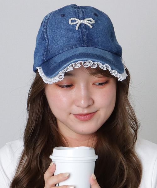 CHANEL デニムベースボールキャップ　試着のみ。 セール】リボン チャーム付き レース フリル ベースボール