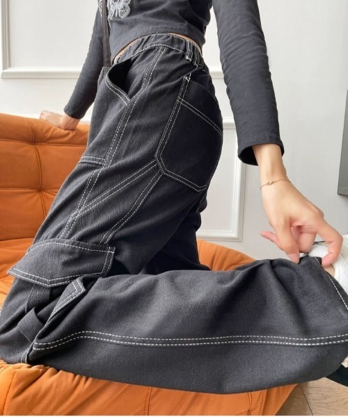 セール】ゴムウエストストリートボーイッシュカーゴデニスパンツ