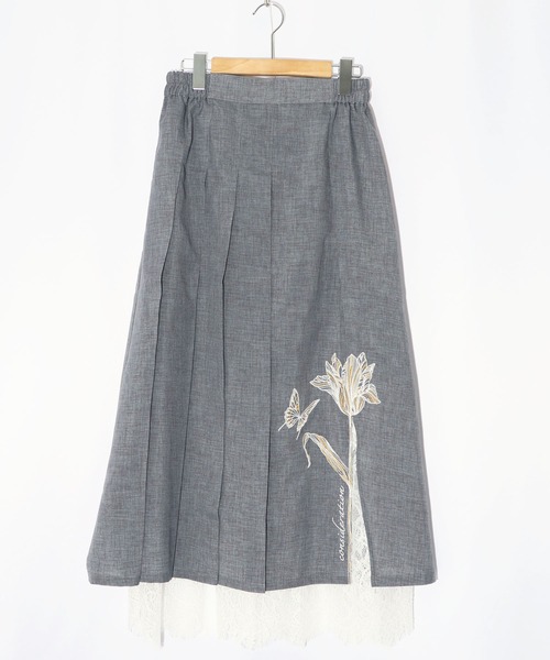 【ScoLar】チューリップと蝶刺繍 スリットレース スカート タグ付未使用 ScoLar】チューリップと蝶刺繍 スリットレース スカート タグ付