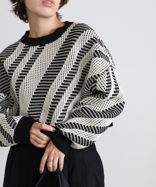 トップス mok セール】編み地切替ショート丈柄ニットトップス（Tシャツ