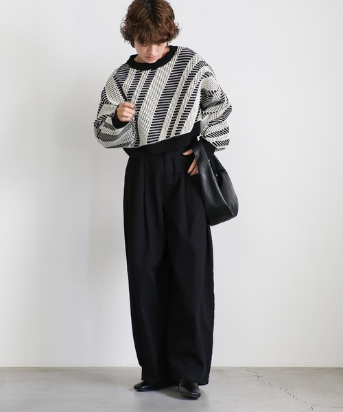 トップス mok セール】編み地切替ショート丈柄ニットトップス（Tシャツ