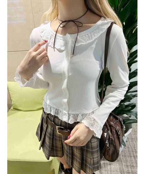 PHILLY(フィリー)の「【PHILLY】レースパイピングカーディガン(カーディガン/ボレロ・レディース・ピンク/ホワイト・FREE)」の2枚目の写真