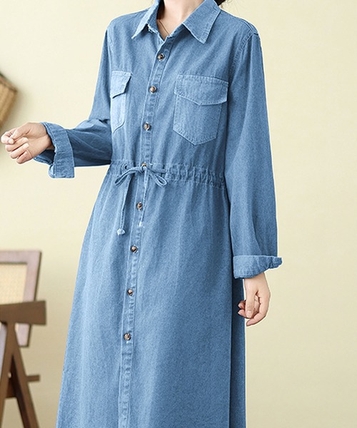 【美品✨】Noela デニムワンピース ウエストリボン シャツワンピース 美品✨】Noela デニムワンピース ウエストリボン シャツ