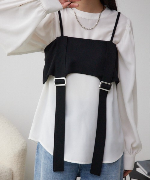 AZUL by moussy(アズールバイマウジー)の「ガータービスチェレイヤードトップス(Tシャツ/カットソー・レディース・ブラック/ブラウン/グレー・FREE)」の1枚目の写真