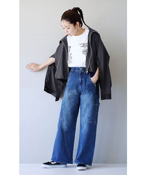 e-zakkamania stores（イーザッカマニアストアーズ）の「アメリカンリサイクルコットン パネル切り替え デニムパンツ（デニムパンツ・レディース・ワンウォッシュ/ネイビー系/ライトブルー・L/M）」の8枚目の写真