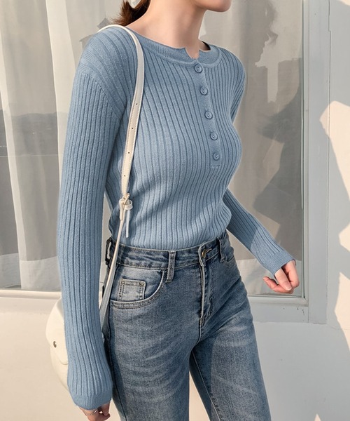 Girly Doll(ガーリードール)の「ヘンリーネックリブニット(ニット/セーター・レディース・ブルー/イエロー/グリーン/ベージュ/ホワイト/ブラック・FREE)」の12枚目の写真