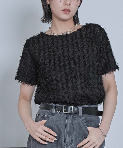 miette(ミエット)の「チュールフリルフリンジ半袖トップス(Tシャツ/カットソー・レディース・ブラック/アイボリー・FREE)」の1枚目の写真