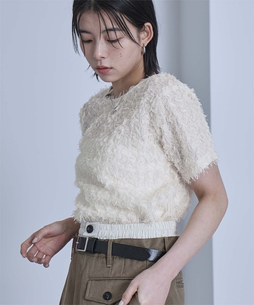miette(ミエット)の「チュールフリルフリンジ半袖トップス(Tシャツ/カットソー・レディース・ブラック/アイボリー・FREE)」の4枚目の写真
