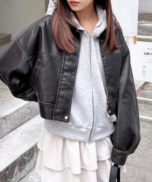 inou 高円寺　ブラックレザーブルゾン セール】ヴィンテージライクフェイクレザーショートブルゾン（ブルゾン