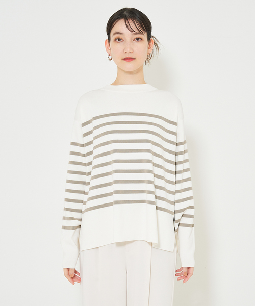 qualite（カリテ）の「コットンストレッチハイネックニット/春服/オフィスカジュアル/ボーダーニット（ニット/セーター・レディース・ダークネイビー/オフホワイト/グレイッシュベージュ・フリー）」の21枚目の写真