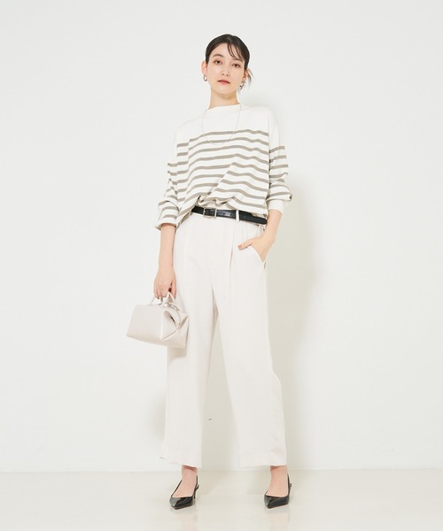 qualite（カリテ）の「コットンストレッチハイネックニット/春服/オフィスカジュアル/ボーダーニット（ニット/セーター・レディース・ダークネイビー/オフホワイト/グレイッシュベージュ・フリー）」の8枚目の写真