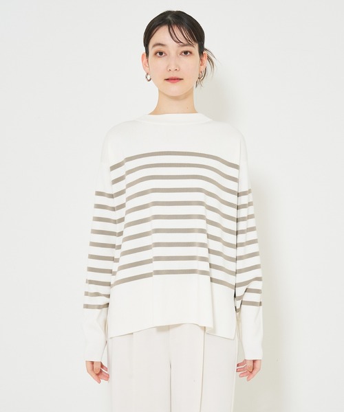 qualite（カリテ）の「コットンストレッチハイネックニット/春服/オフィスカジュアル/ボーダーニット（ニット/セーター・レディース・ダークネイビー/オフホワイト/グレイッシュベージュ・フリー）」の10枚目の写真