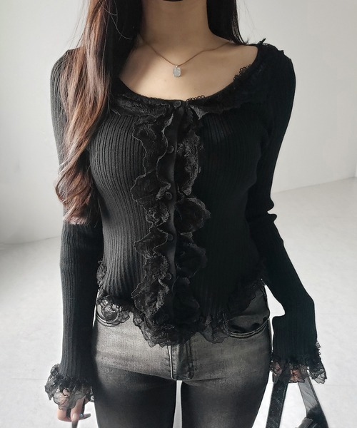 me+em select(ミームセレクト)の「【 3color 】レースフリルドッキングリブニットカーディガン / lace frill docking rib knit cardigan(カーディガン/ボレロ・レディース・グレー/ブラック/アイボリー・FREE)」の17枚目の写真