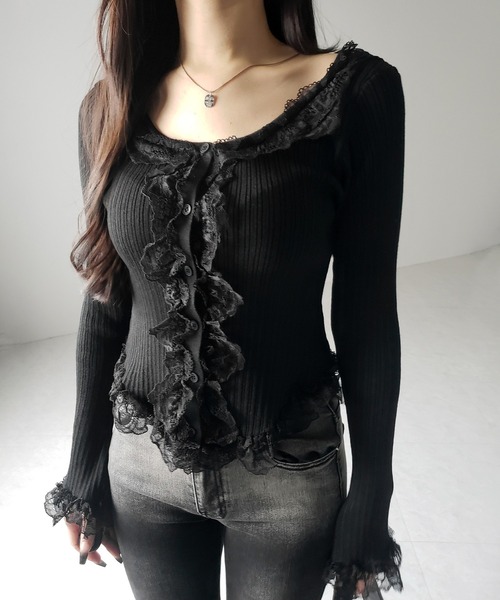 定価3.4万✨美品✨オブリ クルーネックレースフリルニットカーディガン ブラック 3color 】レースフリルドッキングリブニットカーディガン